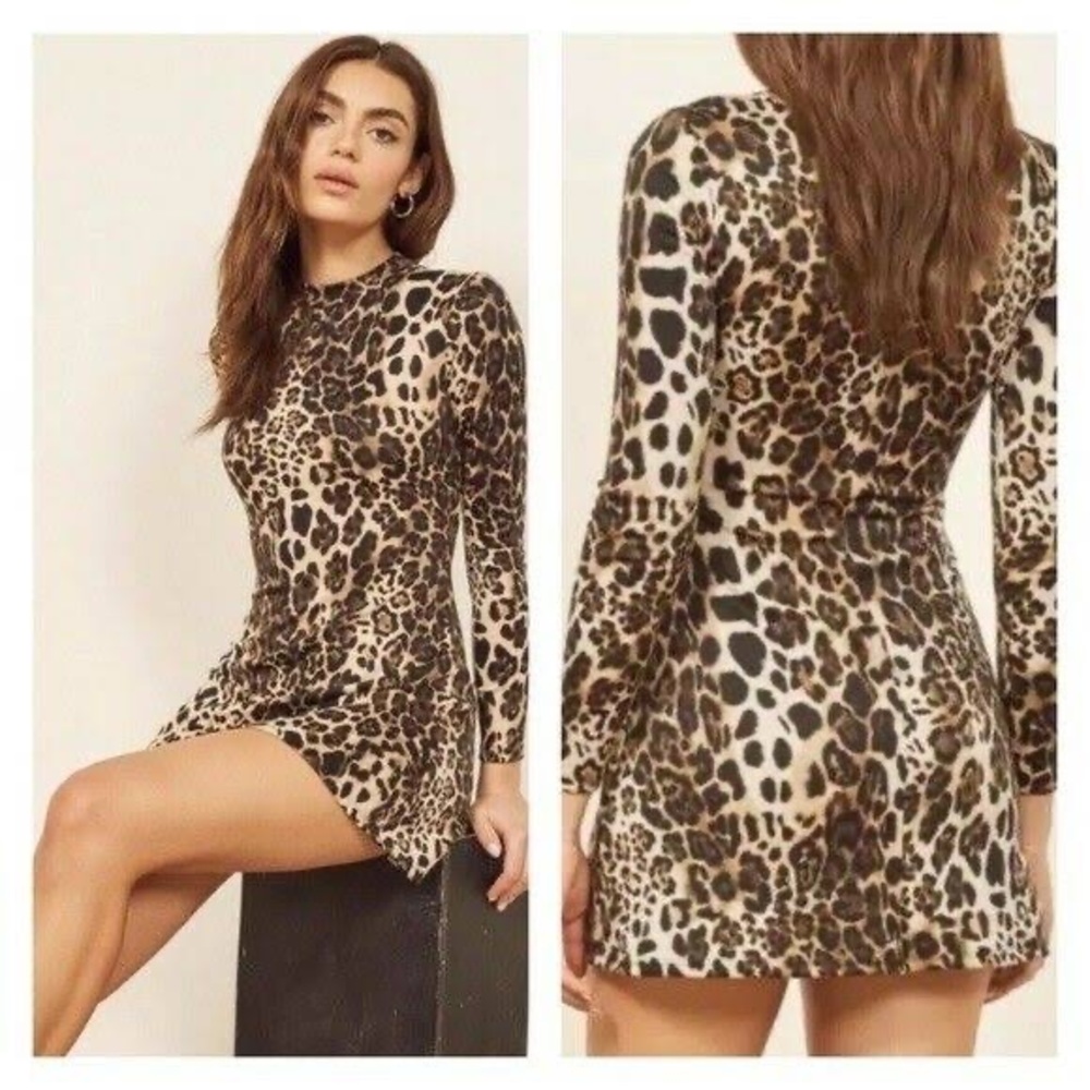 Reformation mock neck cheetah leopard long sleeve skater dress